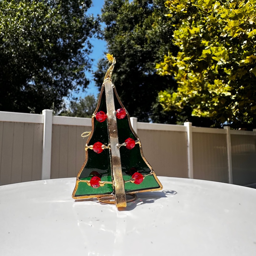 Vintage Stained Glass‎ Christmas Tree Ornament 3D Green Red Beads Gold Tone Star